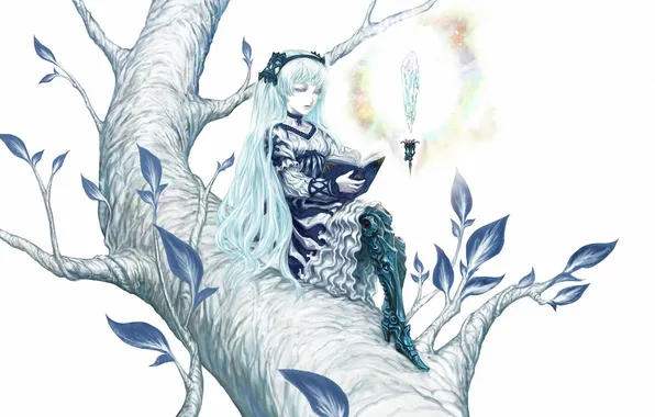 Girl, trees, art, book, crystals, vocaloid, hatsune miku, sitting