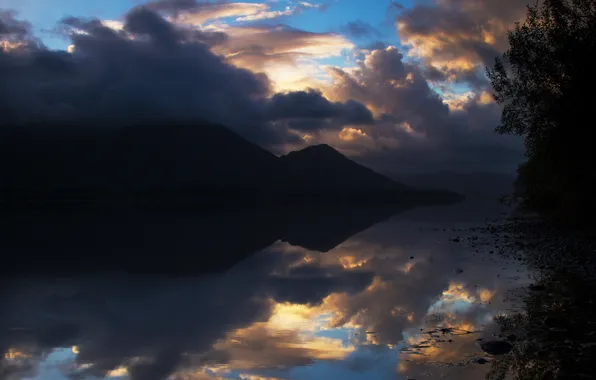 Clouds, trees, sunset, mountains, clouds, lake