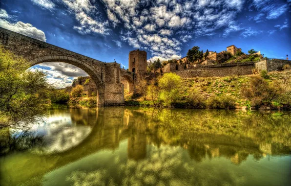 Water, clouds, bridge, reflection, river, HDR, home, Spain