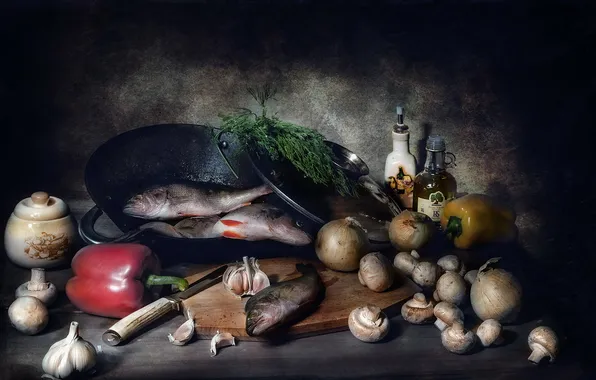 Picture mushrooms, food, fish, bow