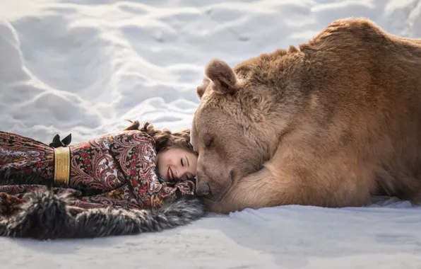 Winter, girl, snow, smile, dress, bear, lies, Irina Pirogova