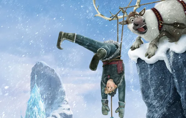 Picture snow, snowflakes, ice, deer, Frozen, Kingdom, Walt Disney, animation