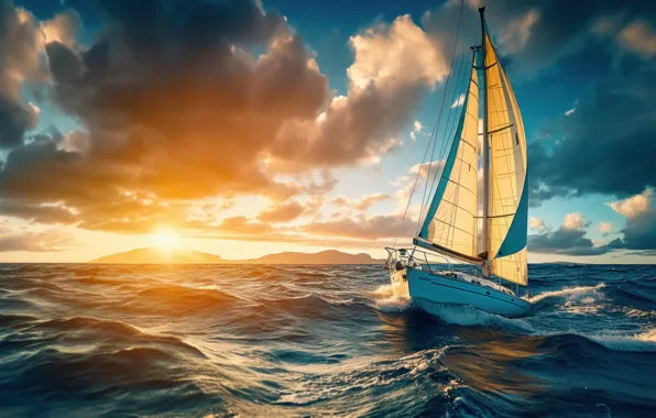 Sea, wave, the sky, water, clouds, blue, boat, sail