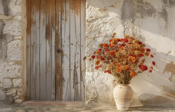 Flowers, house, wall, bouquet, door, vase, plaster, AI art