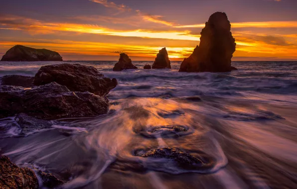 Sea, wave, beach, the sky, clouds, light, landscape, sunset