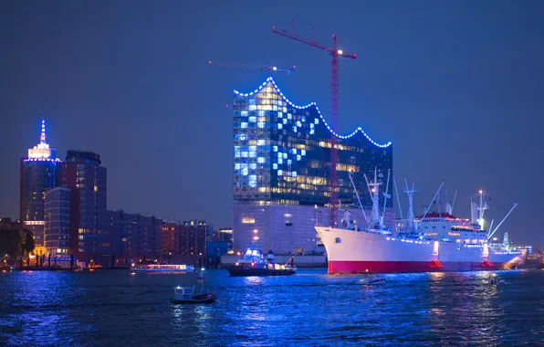 The sky, night, lights, ship, home, crane, port