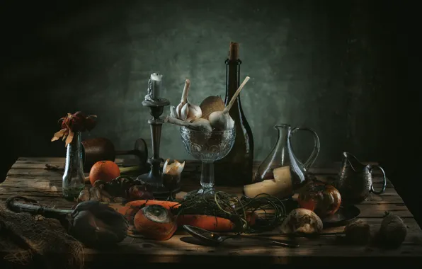 Flower, glass, the dark background, table, Board, glass, bottle, egg