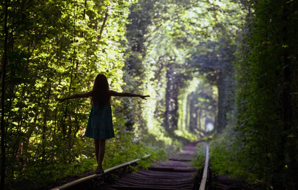 Green, silhouette, Trees, train tracks