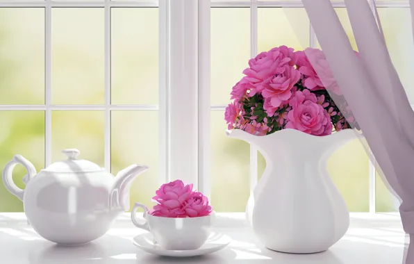 Flowers, kettle, window, Cup