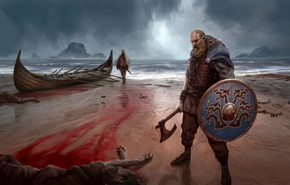 Sea, Boat, Shield, Viking, Nordic battle axe