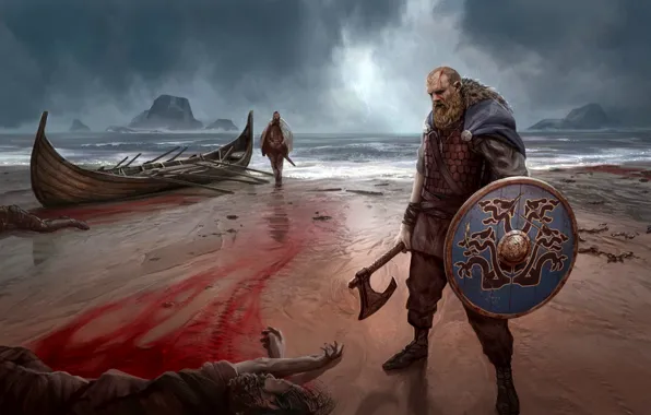 Viking, Shield, Nordic battle axe, Sea, Boat