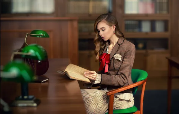 Picture girl, books, tables, library, Anastasia Barmina, Anastasia Barmina