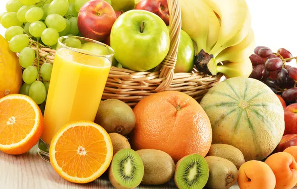 Picture glass, berries, basket, apples, oranges, kiwi, juice, grapes