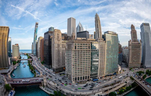The city, skyscrapers, distortion, Chicago, fisheye