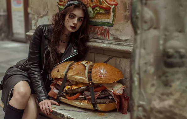 Girl, food, hamburger