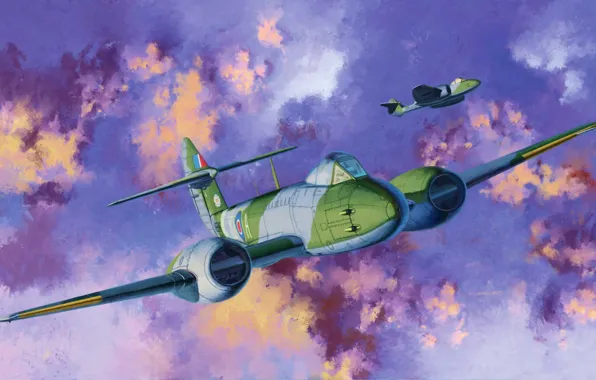 Picture war, art, airplane, painting, aviation, jet, Gloster Meteor F.III