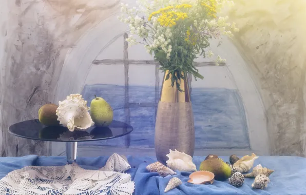 Flowers, table, background, bouquet, window, vase, shell, fruit