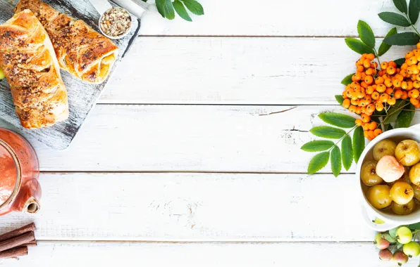 Leaves, berries, tea, apples, Board, kettle, the tea party, white background