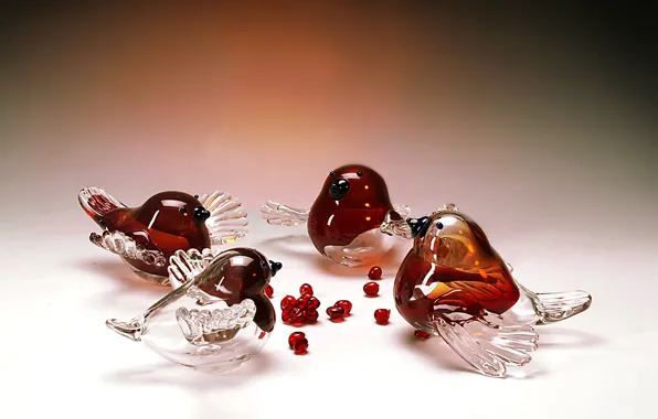 Glass, crystal, Rowan, decor, red berries, bullfinches, Gus ' -Khrustal'nyy, birds