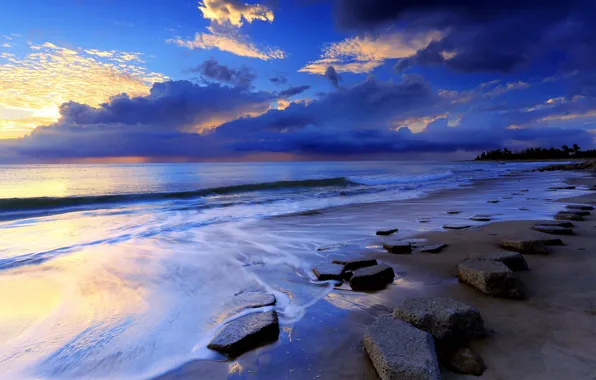 Sunset, Sand, Surf, Shore, Stones, Wave, Dal, The ranks