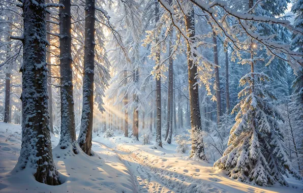 Winter, frost, road, forest, the sun, rays, light, snow