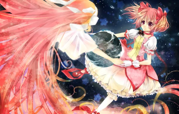 Space, stars, girls, planet, anime, tears, art, bow