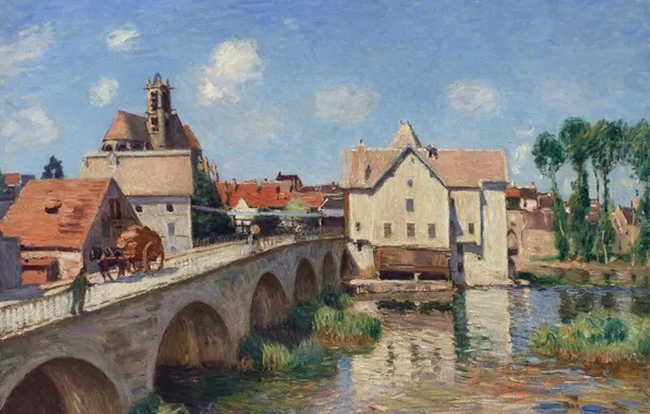 Landscape, bridge, the city, river, picture, Alfred Sisley