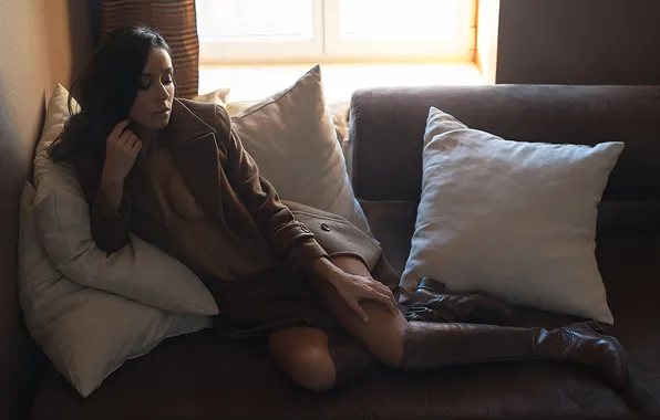 Chest, girl, face, sofa, hair, body, boots, coat