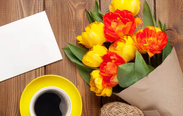 Coffee, bouquet, colorful, tulips, yellow, flowers, cup, tulips
