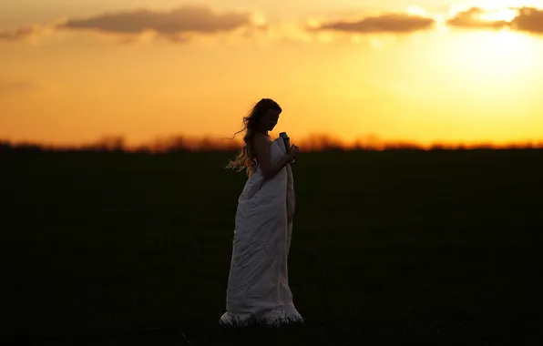 Field, the sky, girl, the sun, sunset, silhouette, blanket