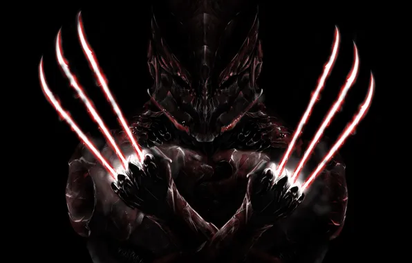Fiction, mask, art, claws, armor, Logan, black background, Wolverine