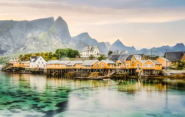 The sky, mountains, fog, rocks, shore, tops, home, the bottom