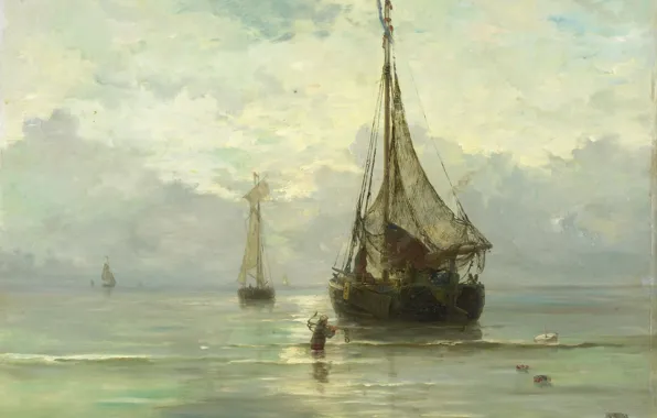 Boat, ship, oil, picture, sail, canvas, seascape, Calm Sea