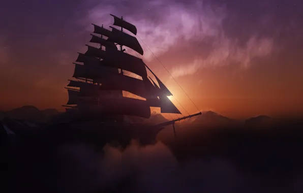 The sun, sunset, mountains, ship, sailboat, brig