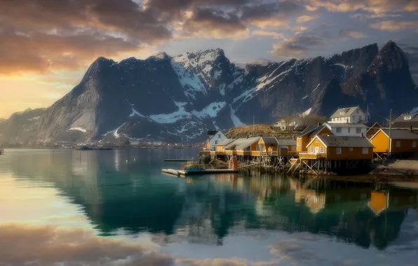 Clouds, mountains, reflection, rocks, shore, Norway, houses, pond