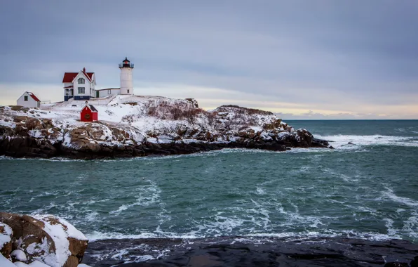 Picture winter, sea, the sky, snow, clouds, house, lighthouse, Cape