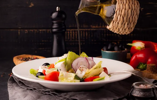 Food, plate, pepper, vegetables, salad, bottle, vegetable oil