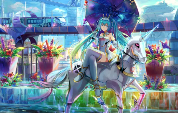 Flowers, bridge, future, train, armor, umbrella, crown, unicorn