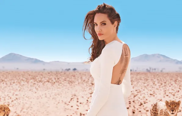 The wind, desert, hair, back, dress, Angelina Jolie, tattoo, Angelina Jolie
