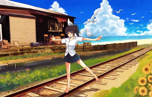 Sea, girl, sunflowers, seagulls, anime