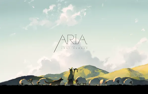 Picture sky, animals, nature, anime, dog, clouds, Aria, sheep