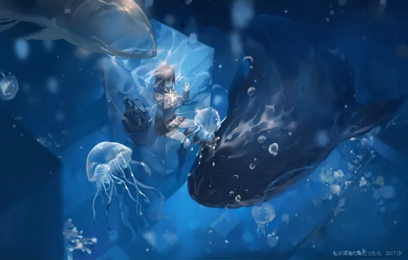 Girl, anime, art, jellyfish, under water, qqwew00123