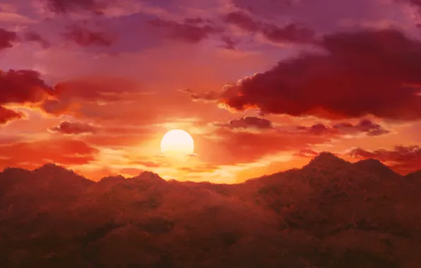 The sky, the sun, clouds, mountains, nature, anime, art, cura