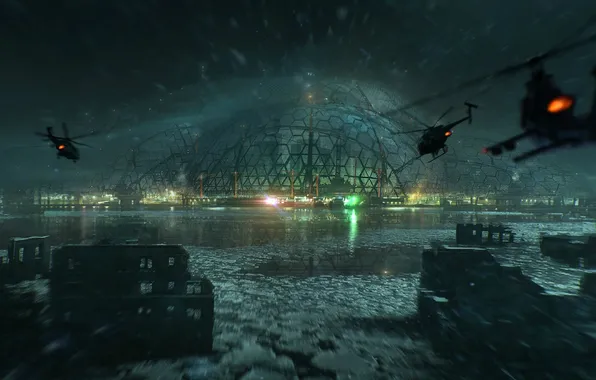 Picture sea, snow, night, the building, helicopters, Crysis 3