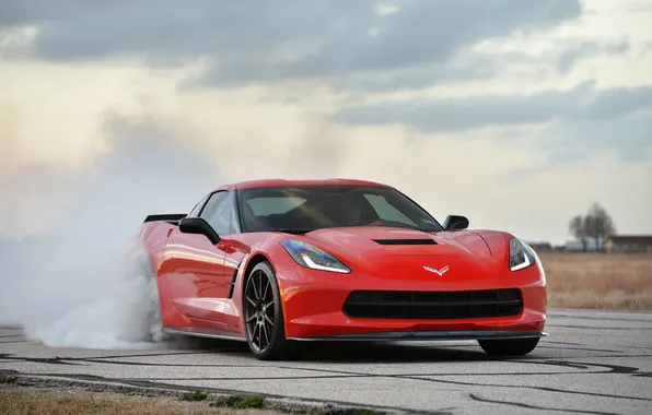 Picture red, background, smoke, Corvette, Chevrolet, Chevrolet, supercar, the front