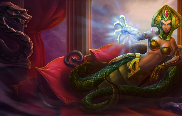 Picture snakes, sofa, magic, hand, pillow, column, league of legends, cassiopeia
