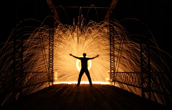 Night, people, Bridge, sparks