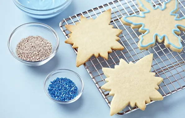 Snowflakes, cookies, sweets, form, cakes, holidays, the dough, powder