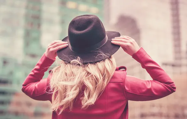 Girl, the city, street, building, hat, blonde, long hair, back
