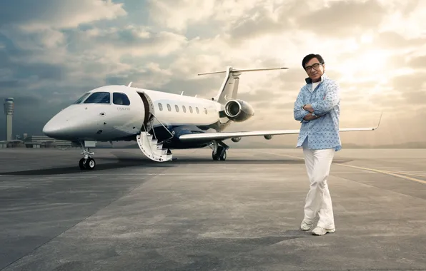 The sky, clouds, pose, smile, the plane, glasses, actor, shirt